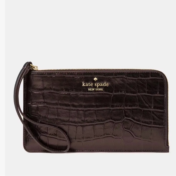 kate spade Handbags - NWT Kate Spade New York Croc Embossed Leather Wristlet Wallet Brown Zip Clutch